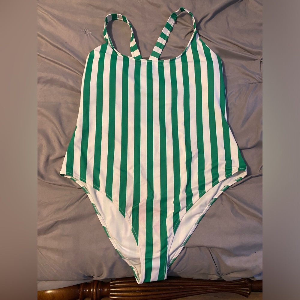 Green and white‎ striped bathing suit one piece